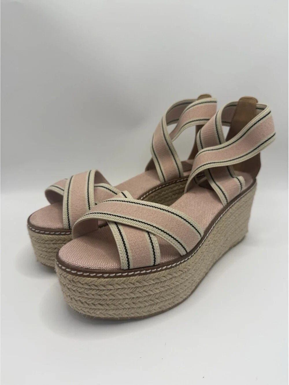 Tory Burch Women Frieda US 7 M Stripe Pink Platform Espadrille Wedge Sandal NWOB